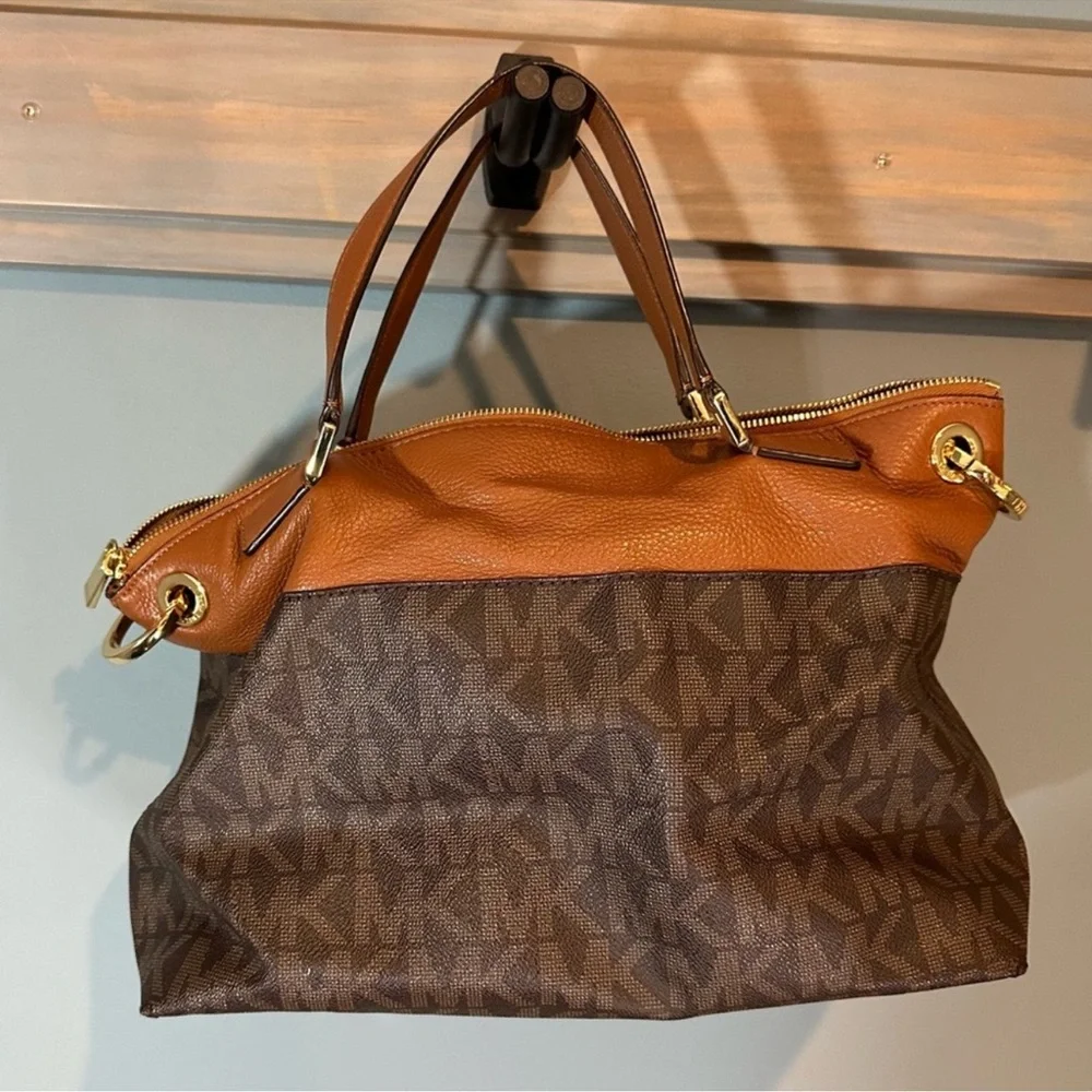 MK Brown Leather Mira Monogram Satchel Crossbody Bag with Detachable Wallet RARE